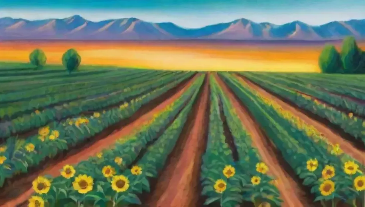 Un paisaje agrícola vibrante y lleno de vida bajo un cielo azul