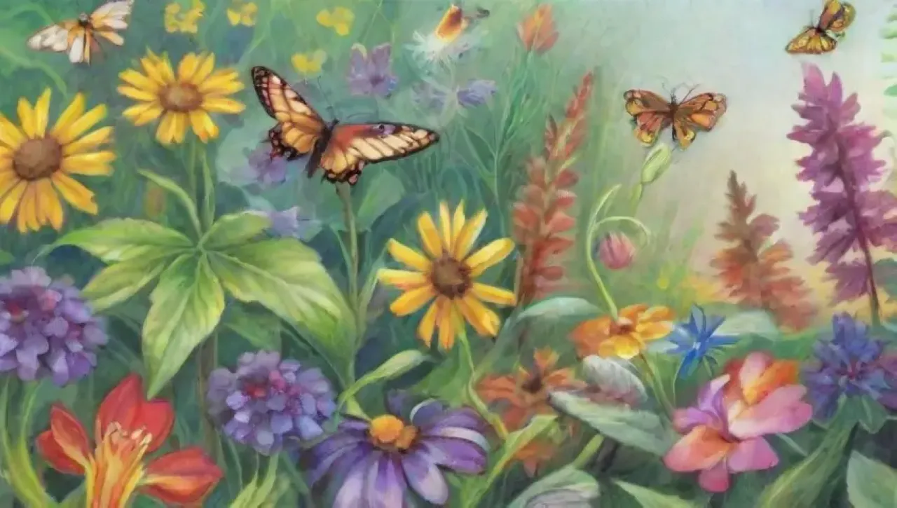 Un jardín vibrante y lleno de vida, donde flores, insectos y plantas coexisten en armonía