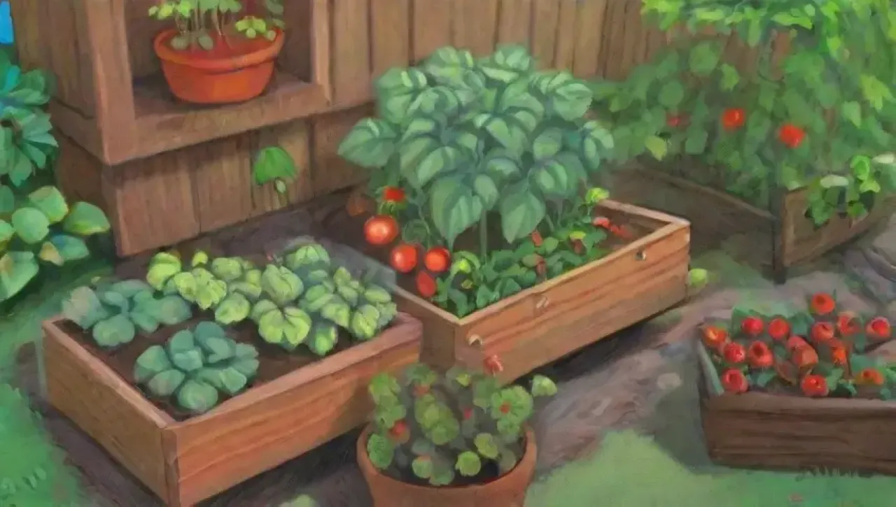 Un jardín vibrante y lleno de vida con plantas, flores, insectos y niños explorando