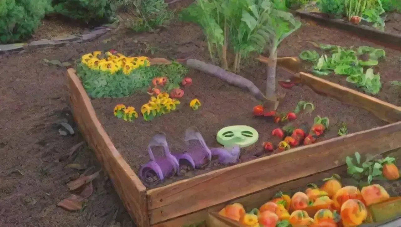 Un jardín comunitario vibrante y sostenible con vegetales, compost y sonrisas