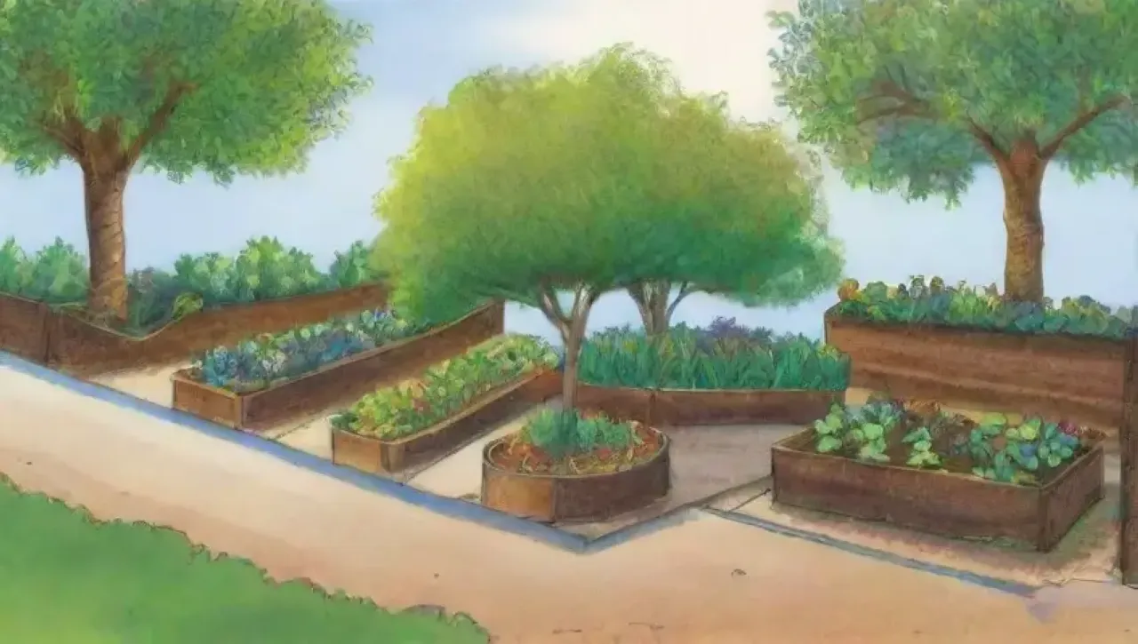 Un oasis urbano de jardín con hojas verdes, flores vibrantes y tecnología integrada