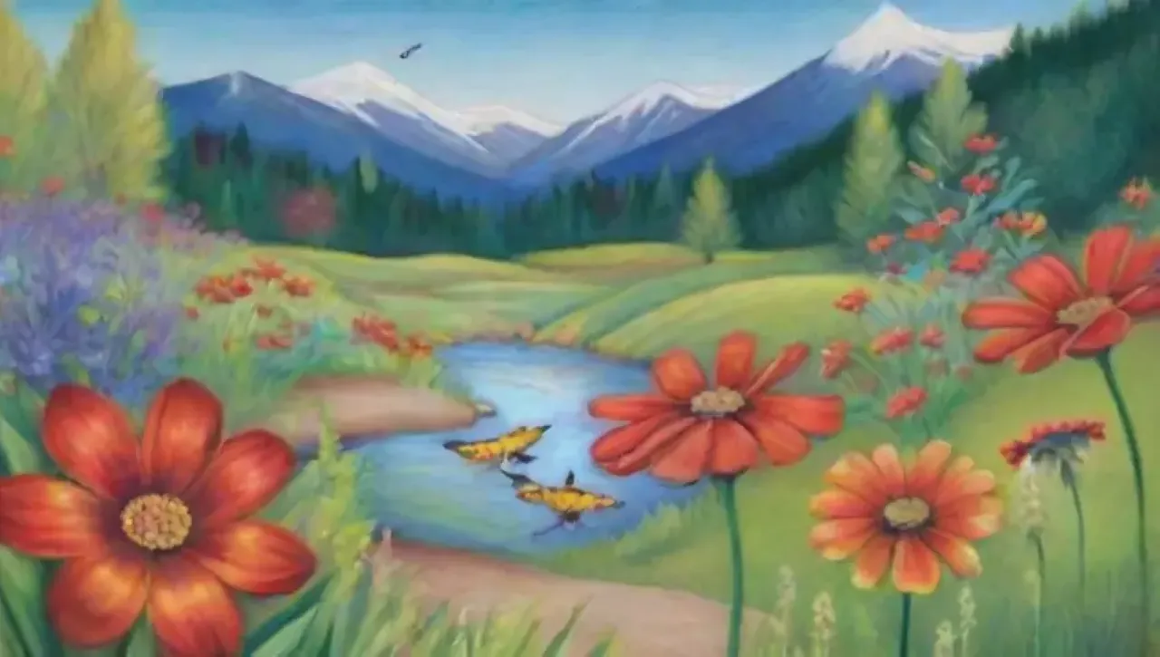 Un paisaje vibrante y armonioso lleno de vida y color