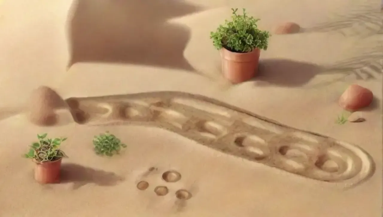 Un paisaje sereno de arena dorada, plantas verdes y un arroyo cercano