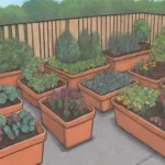 Jardín colorido y eficiente en un pequeño espacio con riego por goteo y recolección de agua lluvia