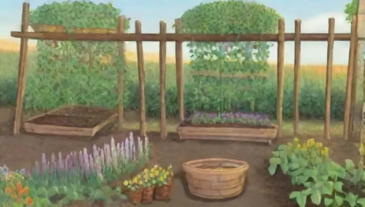 Un jardín vibrante de legumbres con plantas trepadoras, flores amarillas, y mariposas revoloteando