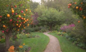 Jardín vibrante y sostenible con árboles frutales
