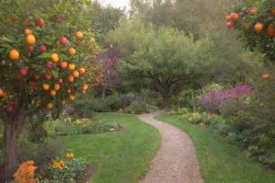 Jardín vibrante y sostenible con árboles frutales
