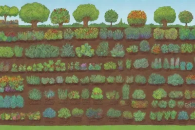 Jardín colorido con cultivos estacionales y prácticas sostenibles