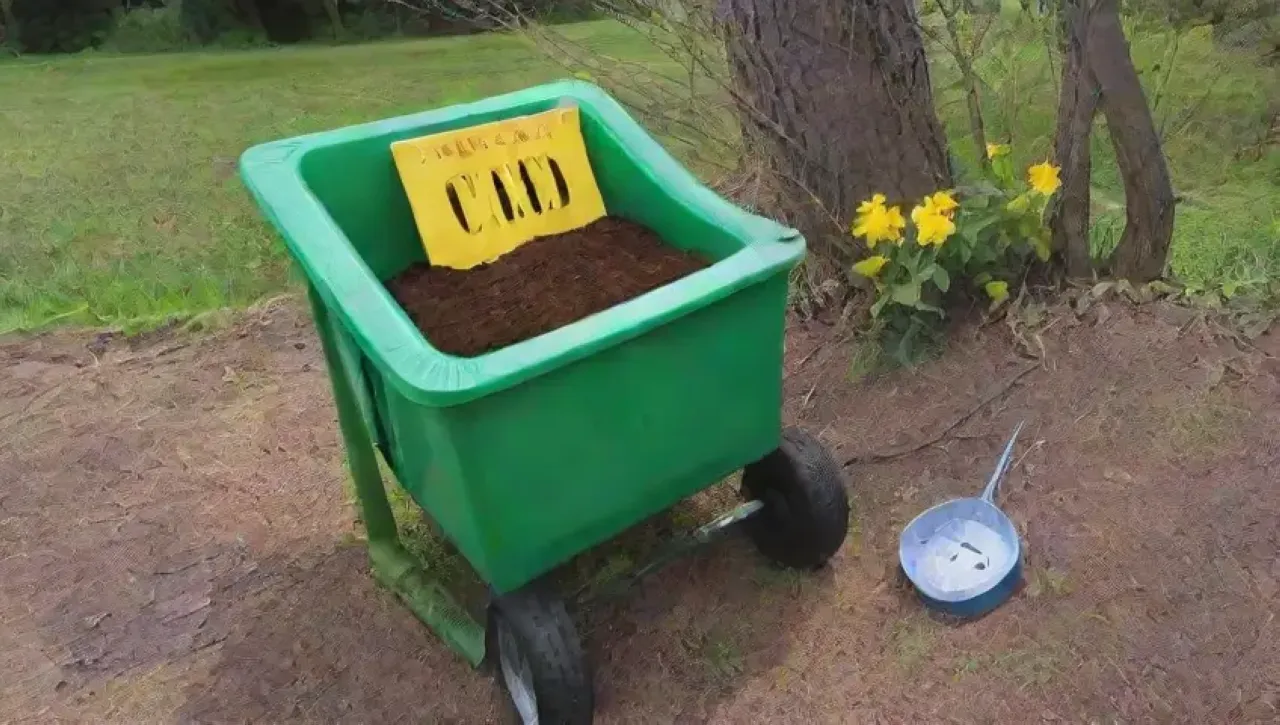 Un compostero verde vibrante rebosante de compost, herramientas y un ambiente organizado