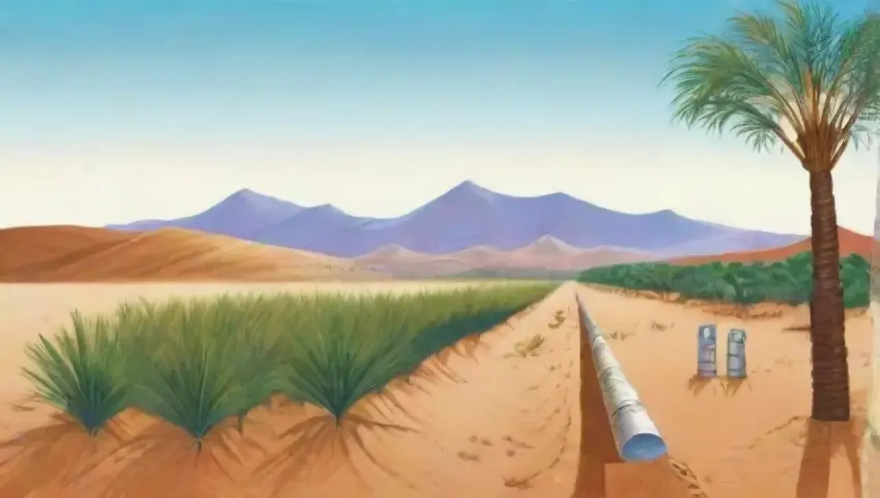 Un desierto vibrante con dunas doradas, vegetación escasa, un oasis de vida y tecnología en armonía