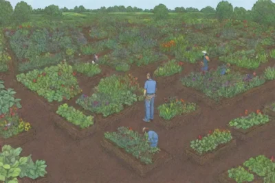 Ilustraciones coloridas sobre plantas diversas y prácticas ecológicas