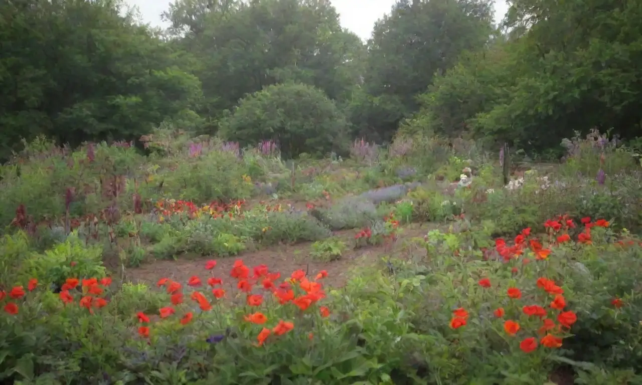 Colores vibrantes y plantas diversas en un ecosistema armonioso con jardineros intergeneracionales