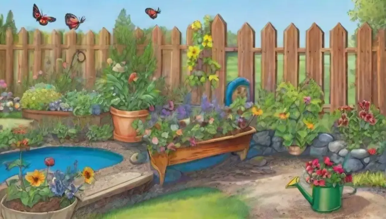 Un jardín vibrante lleno de flores, insectos y vida bajo un cielo azul