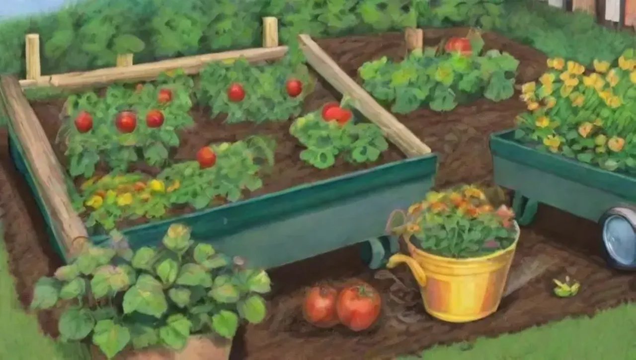 Un jardín vibrante y lleno de vida, con plantas, flores y un ambiente sereno