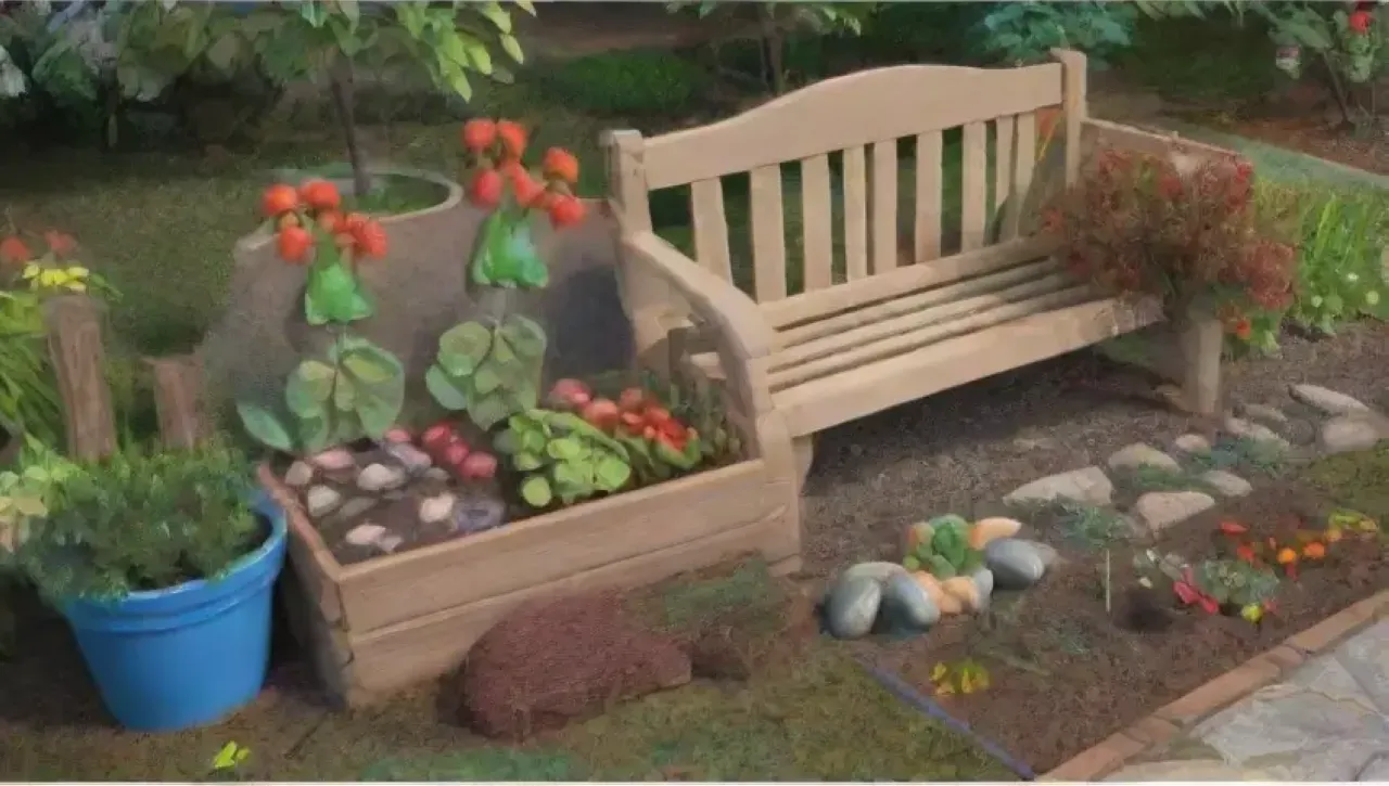 Un jardín vibrante lleno de plantas, flores, herramientas coloridas y vida