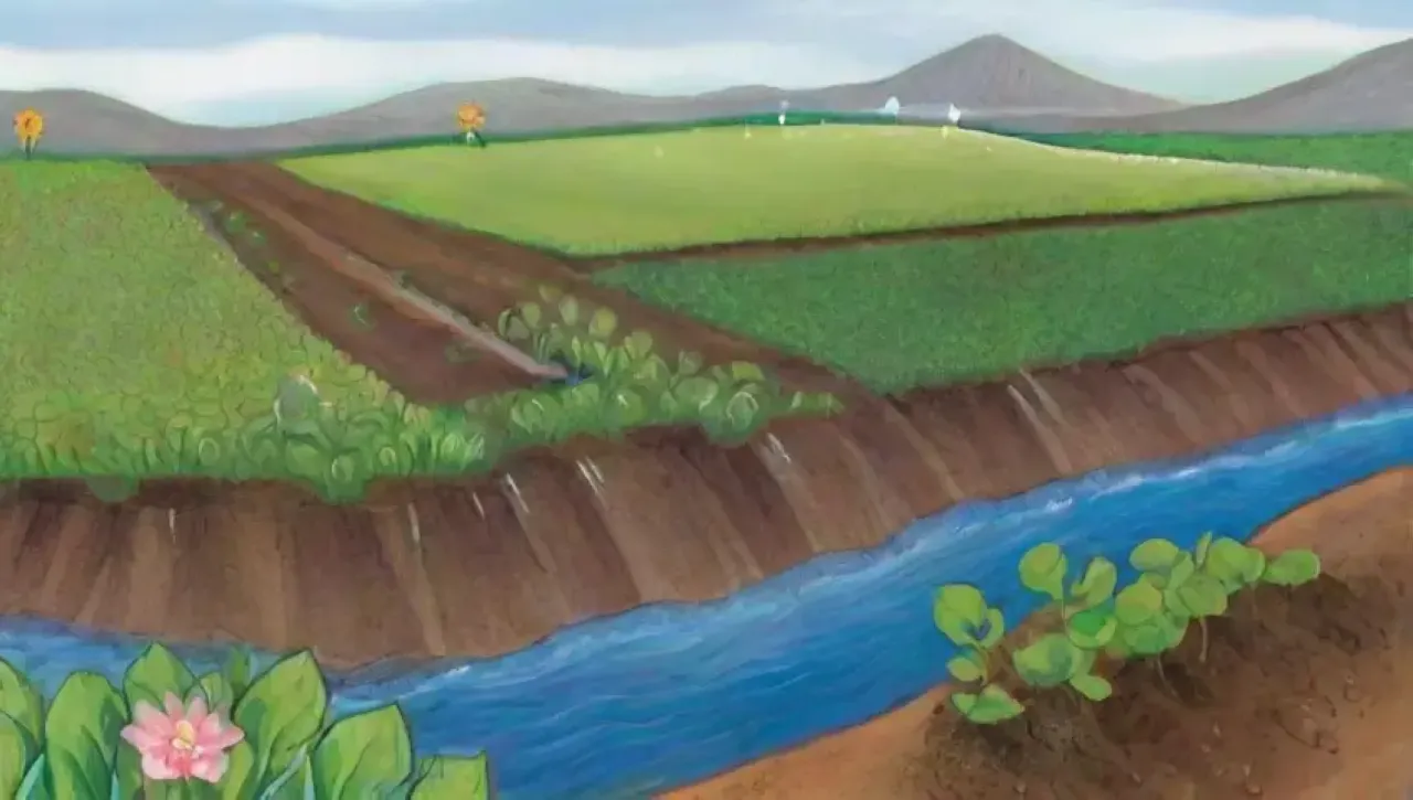Un paisaje agrícola vibrante y sostenible con campos verdes, agua, tecnología innovadora y diversidad ecológica