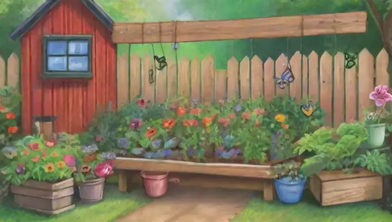 Un jardín vibrante y lleno de vida con plantas, flores, herramientas y un arcoíris