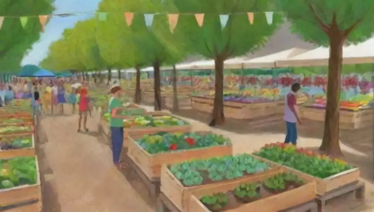 Un paisaje agrícola vibrante y comunitario lleno de vida, diversidad y sostenibilidad