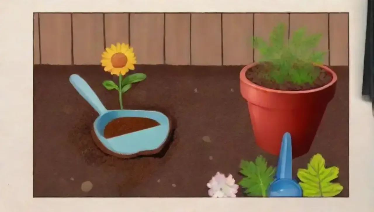 Un paisaje vibrante con suelo rico, flores coloridas y herramientas de jardinería