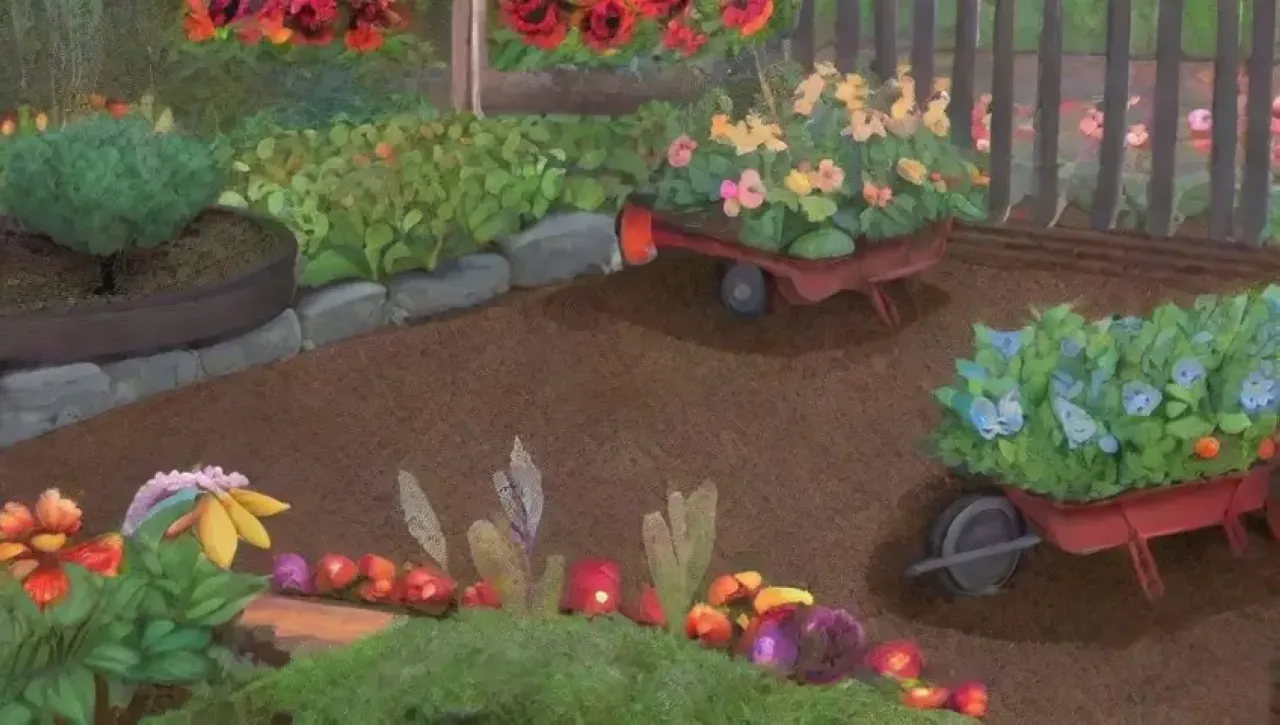 Un jardín vibrante con flores, herramientas y mariposas bajo un cielo azul