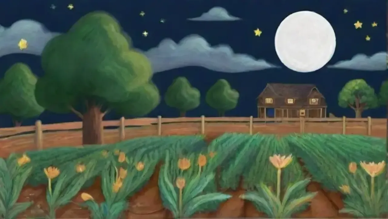 Una noche serena con luna llena ilumina campos de cultivos y agricultores sembrando con cuidado