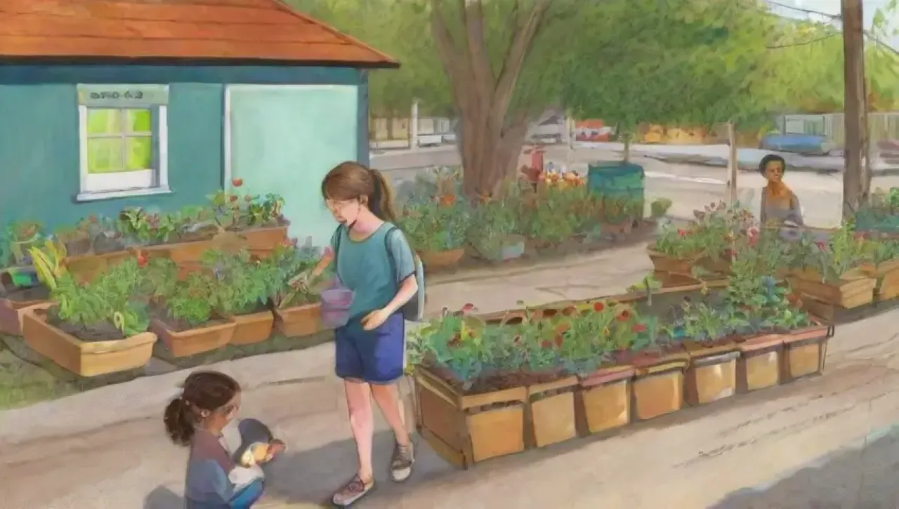 Un vibrante jardín urbano lleno de vida, risas y sostenibilidad