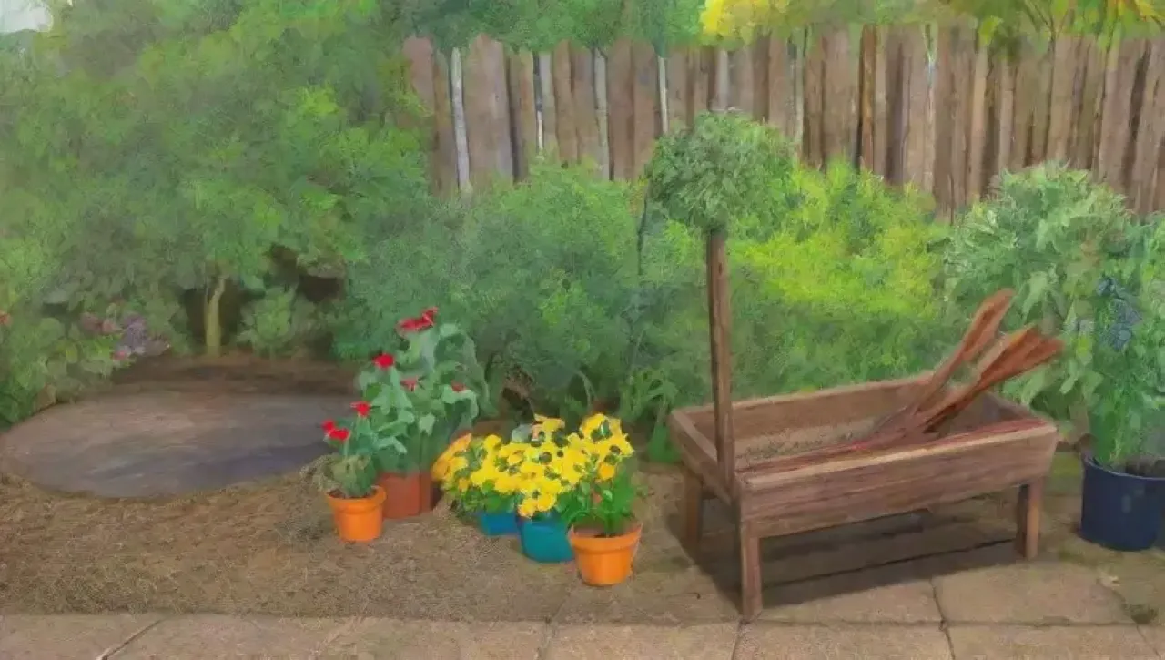 Un jardín vibrante y acogedor rebosante de vida y cosechas