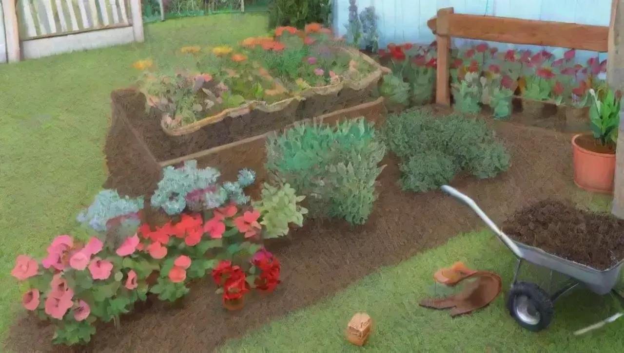Un jardín vibrante y tranquilo lleno de plantas, flores y vida