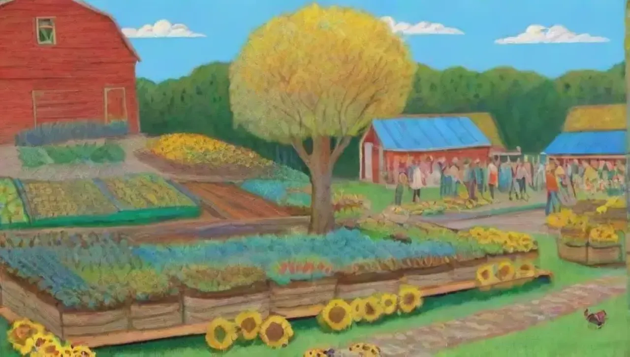 Un paisaje agrícola vibrante y sostenible lleno de vida y comunidad