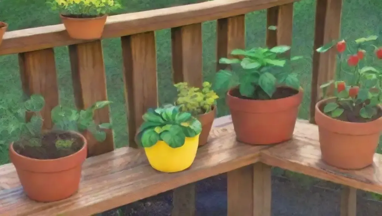 Un jardín urbano vibrante y acogedor lleno de plantas, frutas y flores