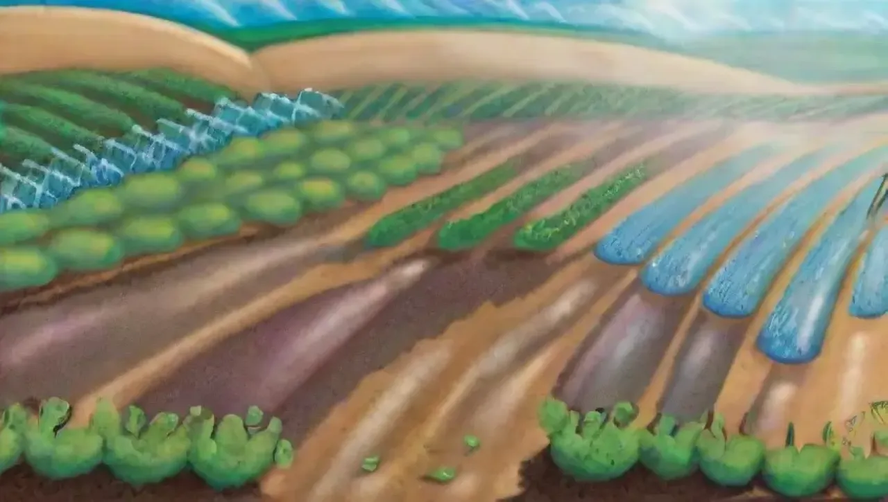 Un paisaje agrícola vibrante y armonioso con campos verdes, agua brillante y vida en abundancia
