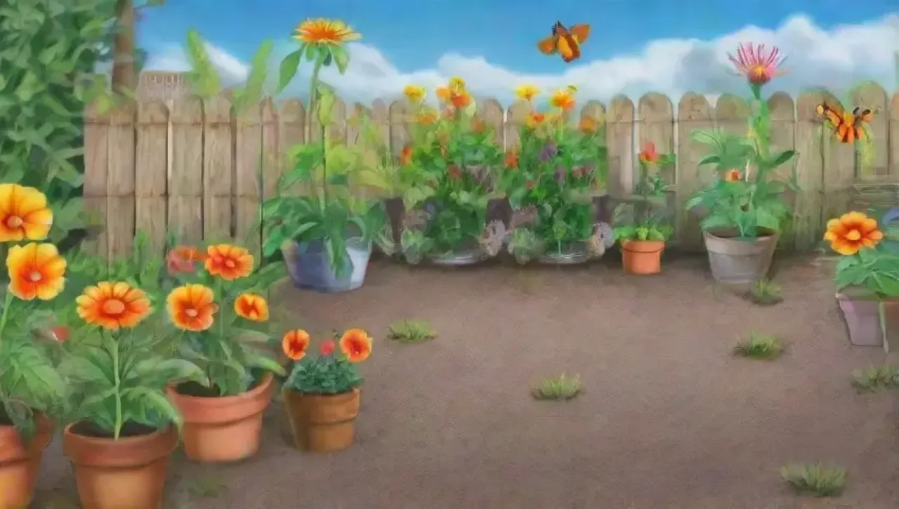 Escena de jardín vibrante con plantas verdes, flores coloridas, insectos y un ecosistema armonioso