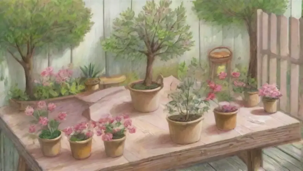 Un jardín vibrante con árboles en flor, herramientas de injerto y una atmósfera serena de crecimiento