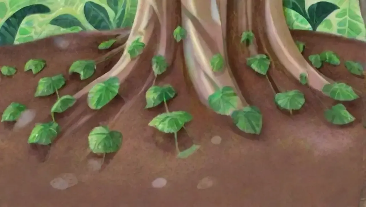 Un jardín sereno muestra la vitalidad de la naturaleza con hojas verdes, flores vibrantes y un delicado injerto