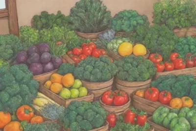 Huerto vibrante y fresco con vegetales y frutas coloridas