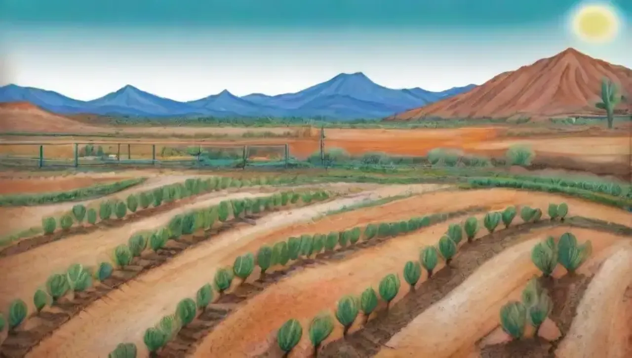 Paisaje soleado con campos dorados, cactáceas, cultivos verdes y montañas distantes