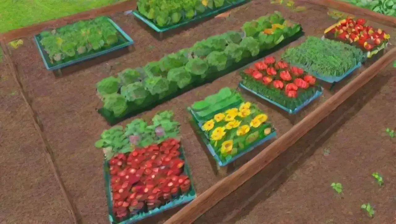 Un jardín vibrante y lleno de vida con flores, frutas y hortalizas
