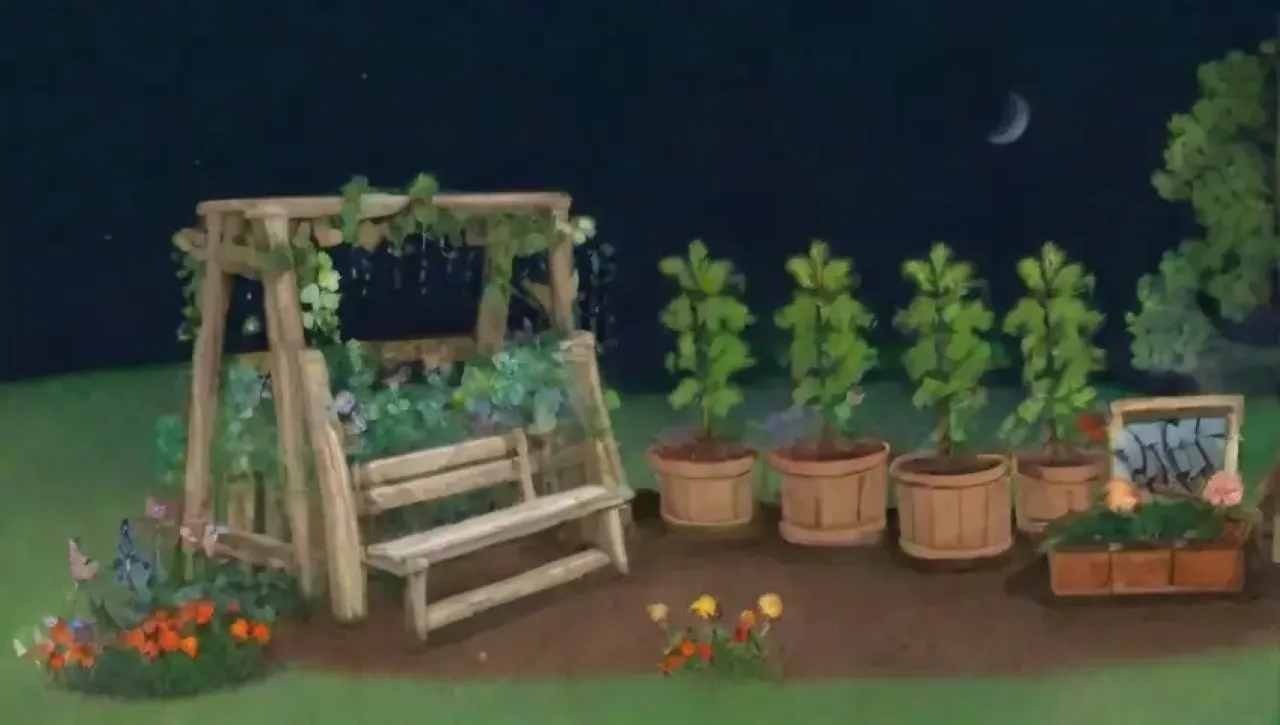 Un jardín sereno iluminado por la luna, lleno de plantas, flores y un ambiente pacífico
