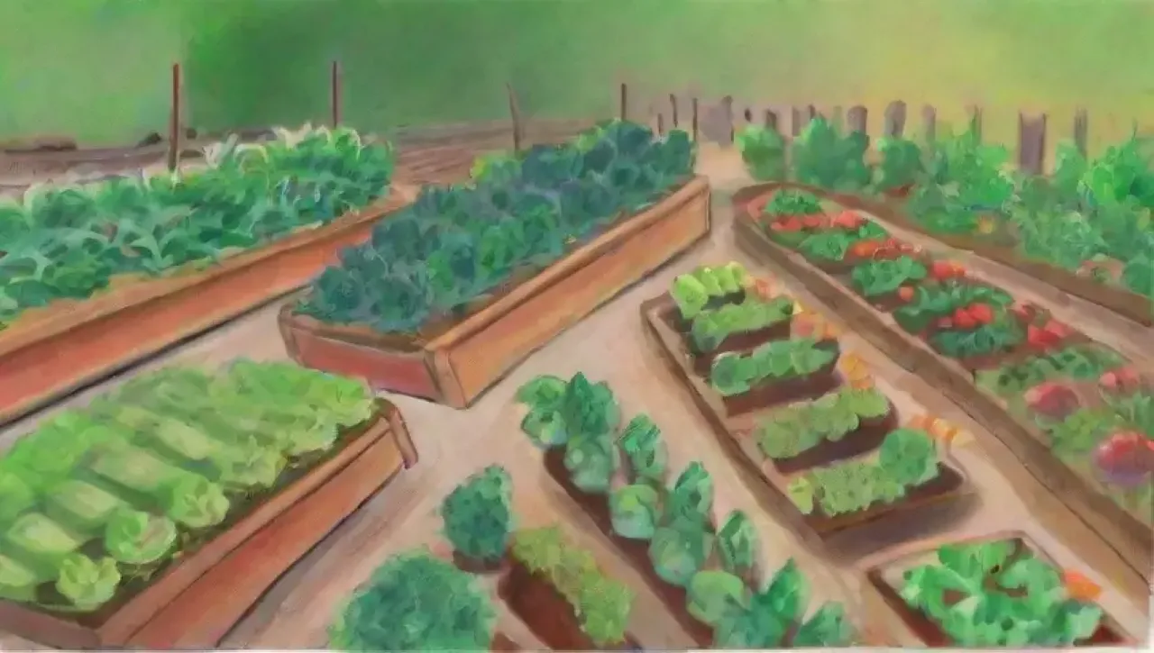 Un jardín vibrante lleno de vegetales frescos y flores bajo el sol