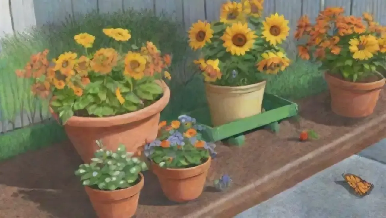 Un jardín vibrante con hojas verdes, flores coloridas, herramientas de jardinería y un alegre jardinero