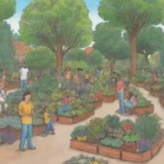 Jardines coloridos con plantas diversas y actividades comunitarias sostenibles