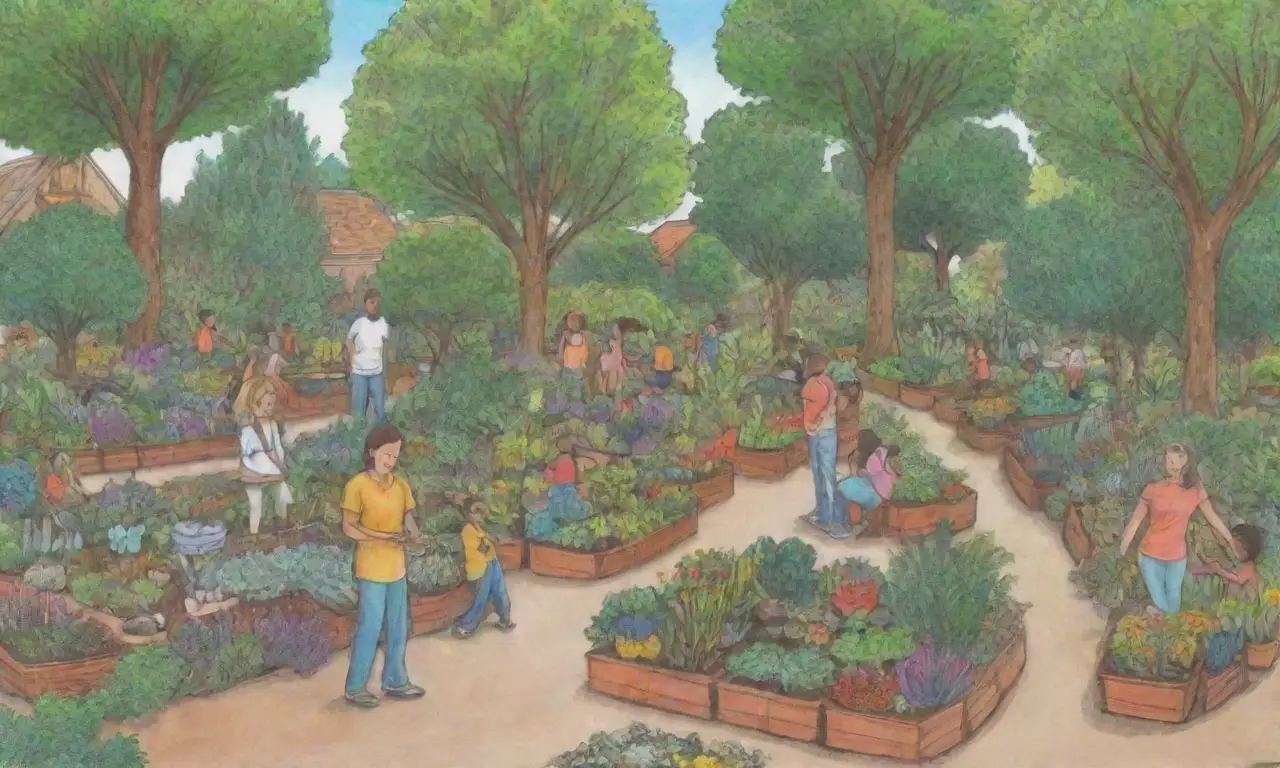 Jardines coloridos con plantas diversas y actividades comunitarias sostenibles