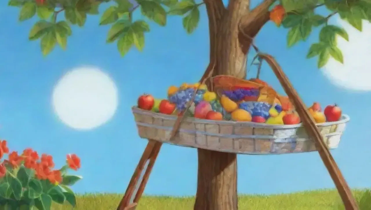 Un jardín vibrante con árboles, frutas, flores y un jardinero trabajando bajo el sol