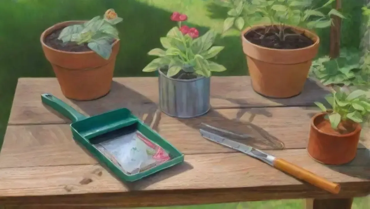 Un jardín vibrante con herramientas de jardinería y flores bajo la luz del sol