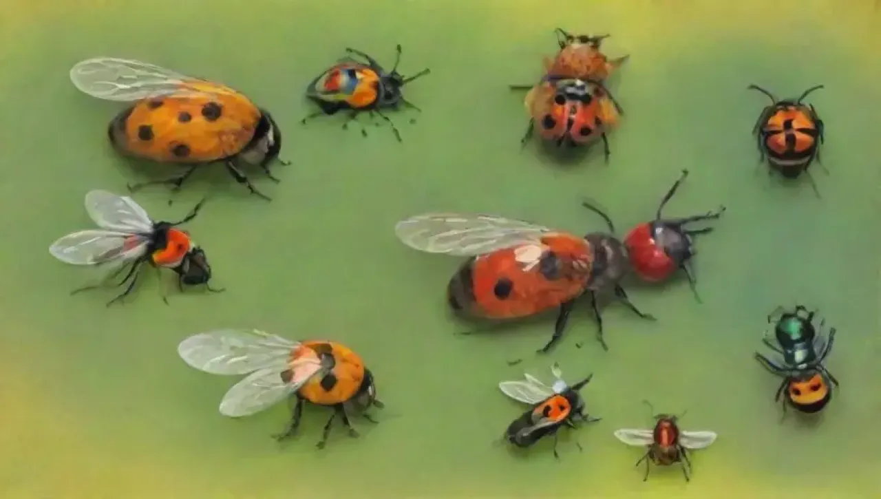 Un jardín vibrante y armonioso lleno de insectos coloridos y naturaleza en equilibrio