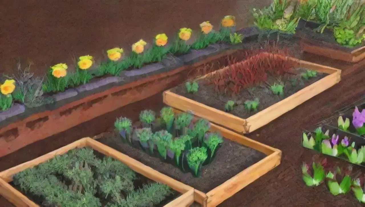 Un jardín vibrante con plantas, flores, y vida silvestre en un ambiente armonioso