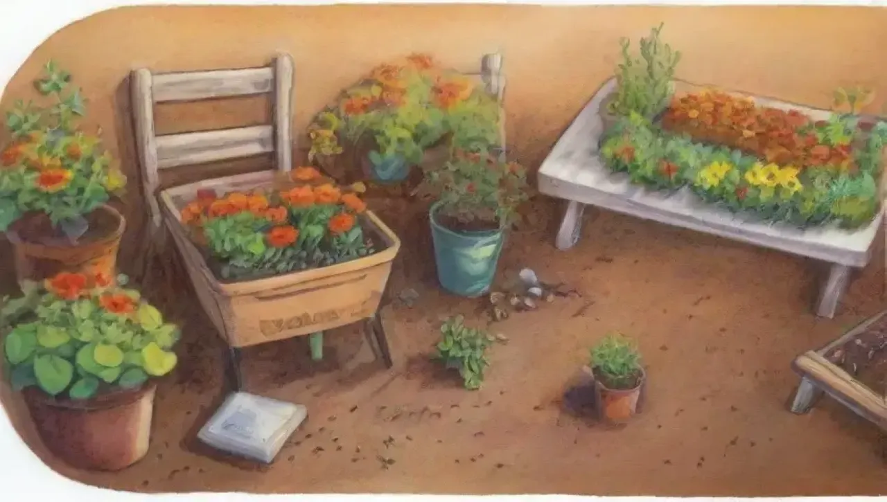 Un jardín otoñal lleno de colores, herramientas y vegetales frescos