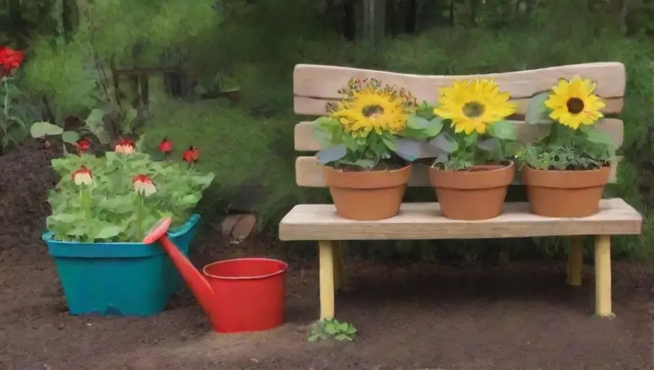 Un jardín vibrante y lleno de vida con flores, vegetales y herramientas rústicas