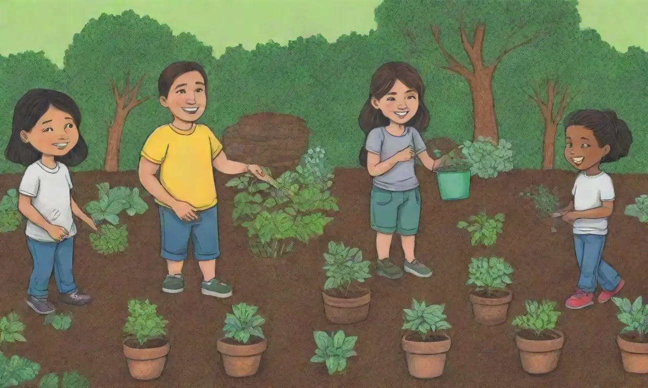 Jardín verde donde estudiantes diversos colaboran y crecen juntos