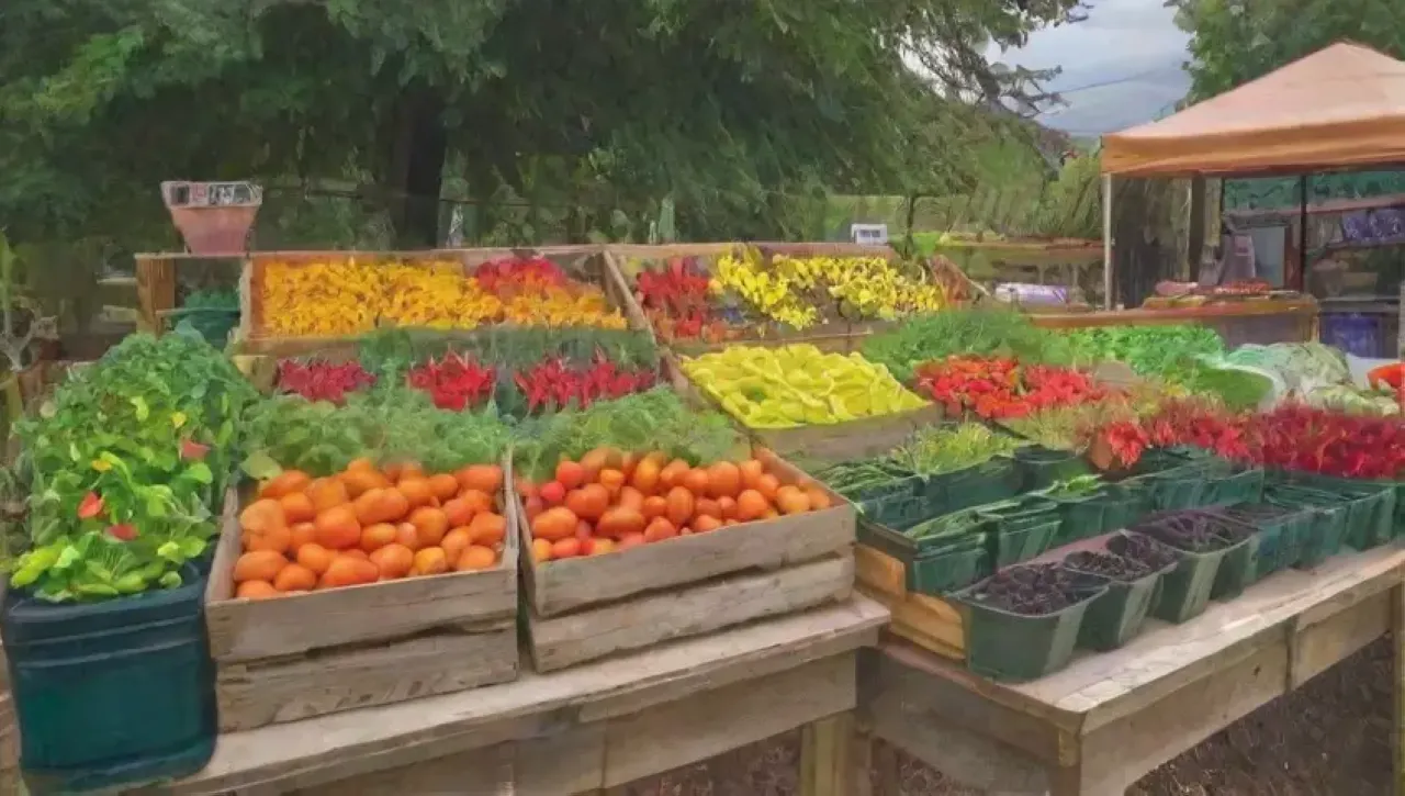 Un vibrante mercado de agricultores lleno de productos frescos y coloridos